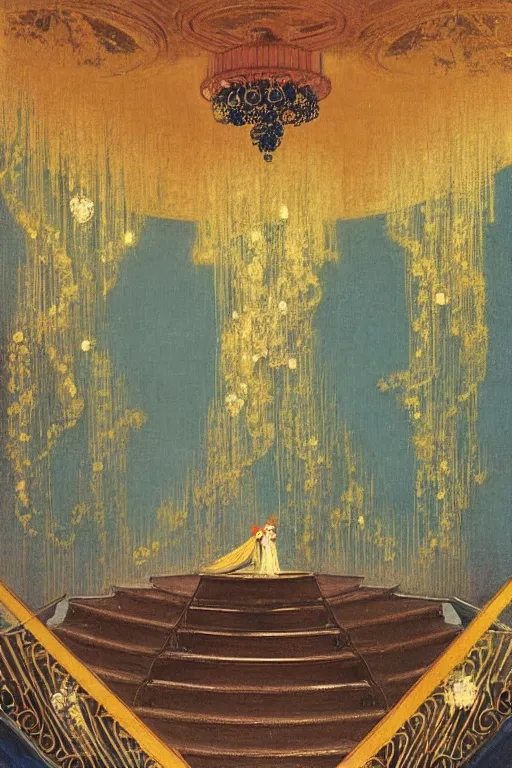 Prompt: 1920s decorated surrealist ballroom casts long exaggerated shadows, crystalline light rays refract dust, impressionst oil painting on wood, big impressionist oil paint strokes, decadent spiral staircase, symmetric 1930s dimly lit art deco interior concept art by Ivan Aivazovsky, ukiyo-e print, japanese woodblock