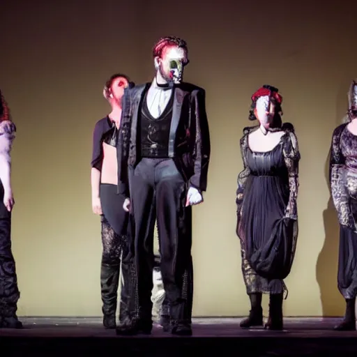 Image similar to an opera performance but the cast is wearing cyberpunk inspired clothes