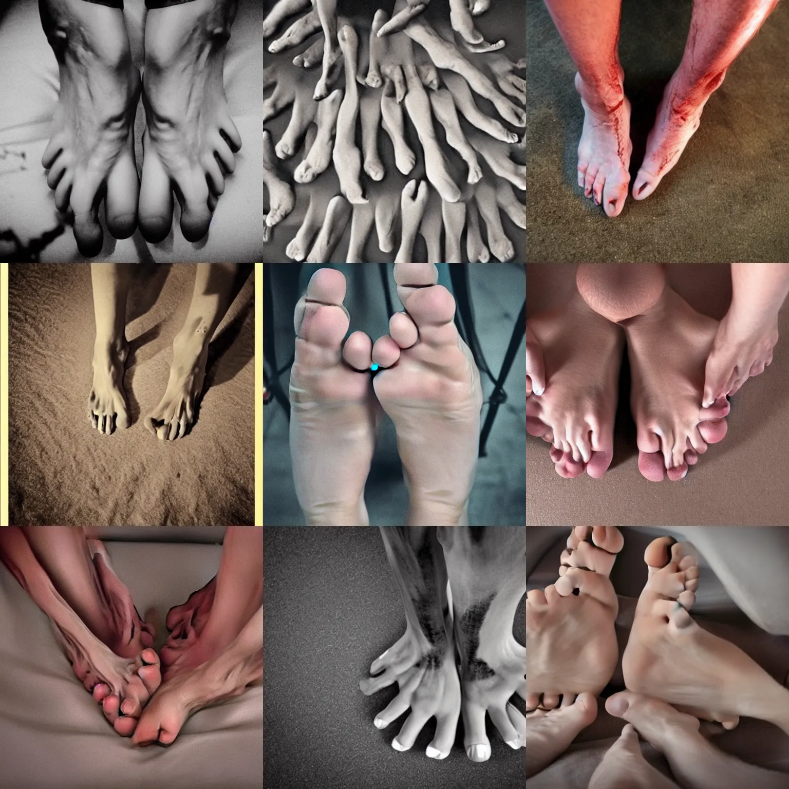 Prompt: a creepy picture of human feet with too many elongated toes. cursed image, highly disturbing, eerie horror.