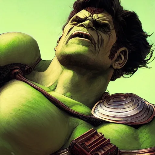 Image similar to [Don Quijote as The Hulk as GTA character, closeup, D&D, intricate, elegant, highly detailed, digital painting, artstation, concept art, matte, sharp focus, illustration, art by Artgerm and Greg Rutkowski and Alphonse Mucha and Enki Bilal]