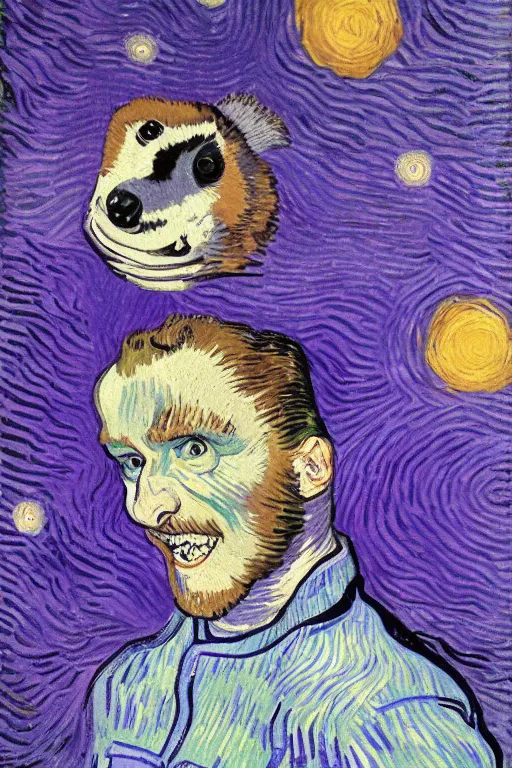 Image similar to selfie laughing purple space racoon by van Gogh style