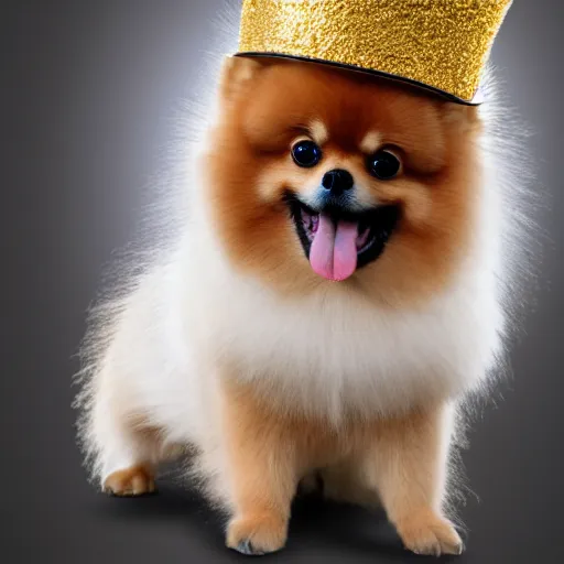 Prompt: A tan pomeranian wearing a top-hat, sitting on top of a large pile of gold coins