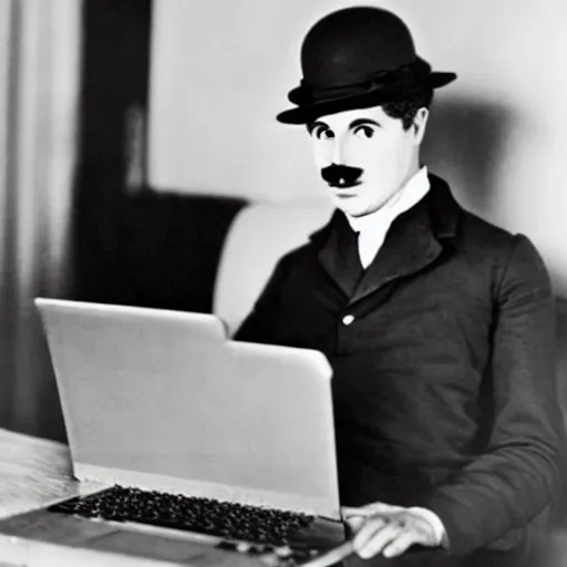 Image similar to an old photo of charlie chaplin using a laptop