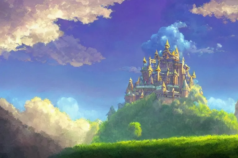 Prompt: Castle made of clouds, celestial light, divine, ghibli