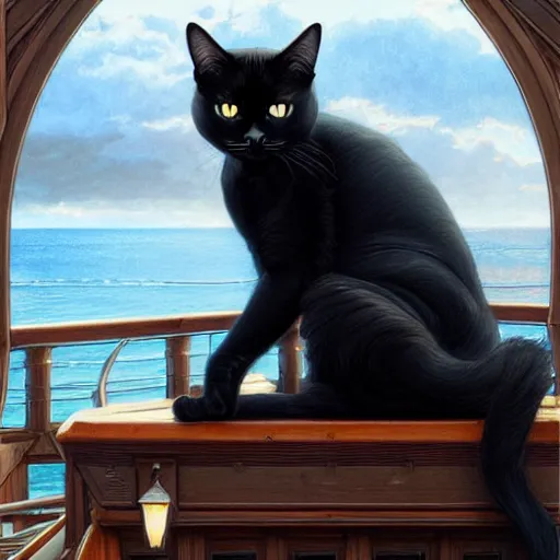 Image similar to beautiful black cat sitting on ship deck, naval background, fantasy, highly detailed, digital painting, artstation, concept art, smooth, sharp focus, illustration, art by artgerm and greg rutkowski and alphonse mucha