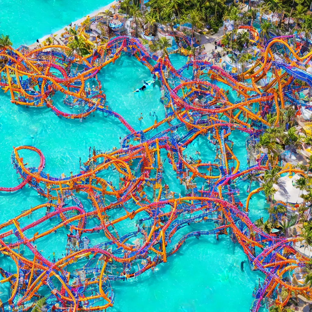 Prompt: colorful rollercoasters over pools of bright blue water, birds eye view