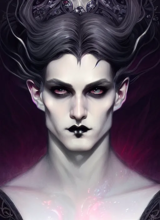 Prompt: beautiful goth ethereal male portrait, art nouveau, fantasy, intricate arcane wiccan designs, elegant, highly detailed, digital painting, artstation, concept art, matte, sharp focus, illustration, art by Artgerm and Greg Rutkowski and WLOP