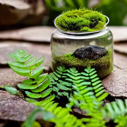 Image similar to a terrarium jar with fittonia plant, fern plant, moss and stone in a tropical atmosphere, mist