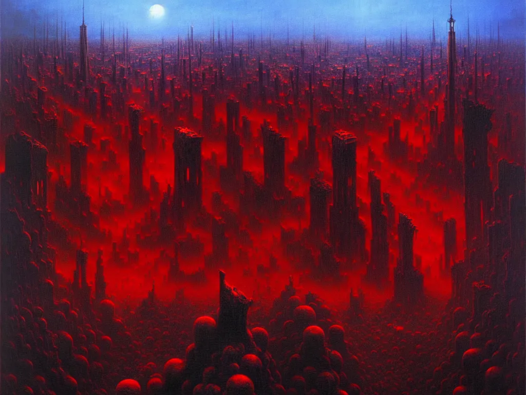 Image similar to an epic cityscape painting of a nightmarish hellscape full of cosmic horrors, by zdzisław beksinski and greg rutkowski, wall street, horror, surreal, cyberpunk, dark, vivid, red, blue, oil on canvas, epic, dramatic, cinematic