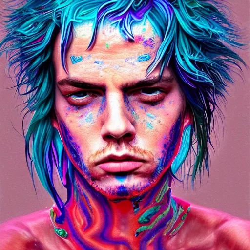 Prompt: ! dream an extremely psychedelic portrait of yungblud, surreal, lsd, face, detailed, intricate, elegant, lithe, highly detailed, digital painting, artstation, concept art, smooth, sharp focus, illustration,