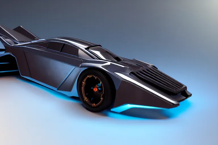 Image similar to cyberpunk batmobile concept inspired sports car, futuristic look, highly detailed body, very expensive, photorealistic camera shot, bright studio setting, studio lighting, crisp quality and light reflections, unreal engine 5 quality render