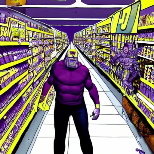 Image similar to thanos stuck in a walmart looking for his mom,