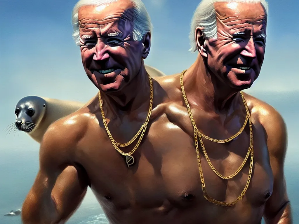 Prompt: joe biden wearing cycling shorts and gold chains surrounded by seals, elegant, real life skin, intricate, high detailed, artstation, concept art, smooth, sharp focus, art by artgerm and greg rutkowski