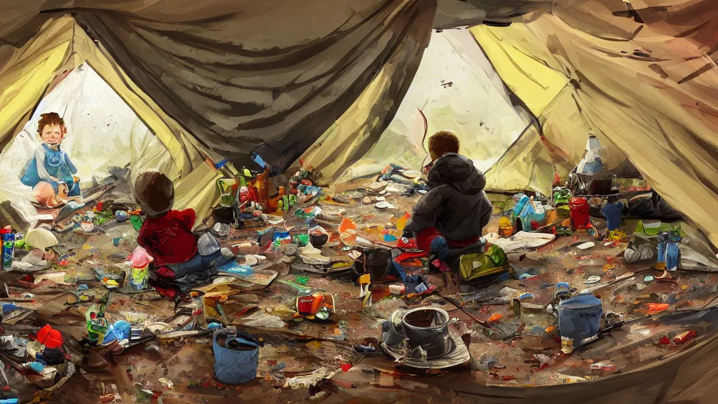 Image similar to an illustration of the inside of a messy camping tent, with a kid sitting in the corner, waste everywhere, high contrast, highly detailed, sharp focus, digital painting, illustration, trending on artstation,