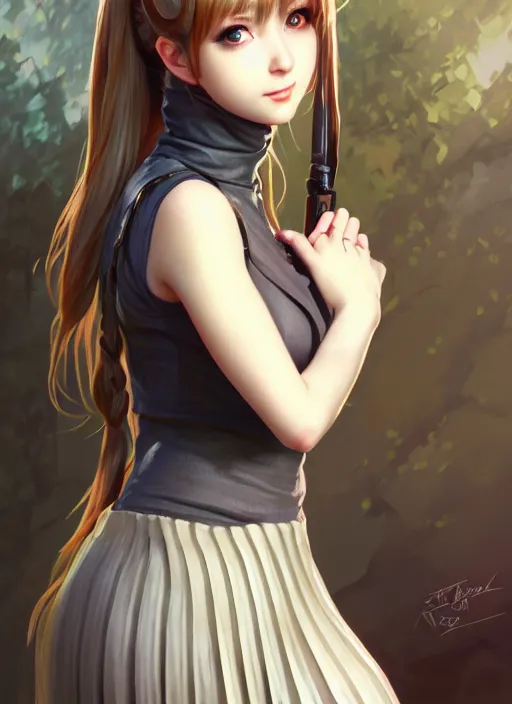 Image similar to portrait of a full body of beautiful young female detective, d & d, sleeveless turtleneck, pleated skirt, fantasy, flat lighting, intricate, highly detailed, digital painting, artstation, concept art, smooth, sharp focus, illustration, misa amane, art by simon bisley and greg rutkowski and alphonse mucha, natural tpose