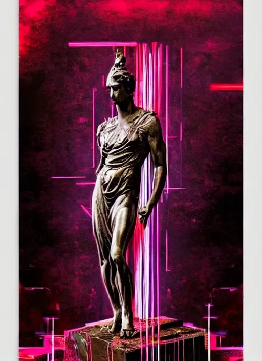 Image similar to elegant dark design poster showing a large greco roman statue, black background with very subtle red and purple design elements, bold, powerful, nekro, vito acconci, thin straight purple lines, dark, glitch art, neo vaporwave, gritty, layout frame, square, trending on artstation