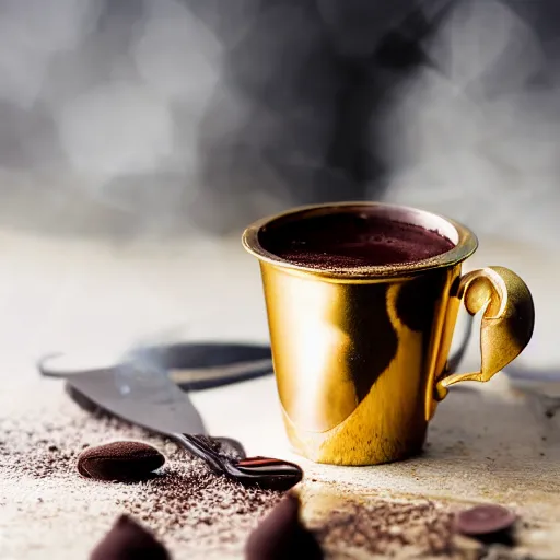 Prompt: an image of hot chocolate drink, food photography, styled with chocolate, black background, moody lighting, gold sparkles, macro lense, depth of field, 4 k, - n 9