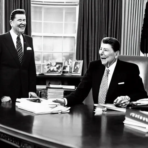 Prompt: a minion with president ronald reagan, zoom photograph, oval office,