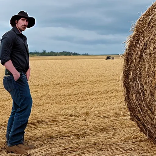 Image similar to Film still of Christian Bale, bailing hay, in new movie called the Hay Bailer