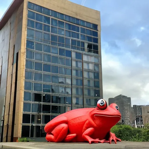 Image similar to a giant red frog as big as a building