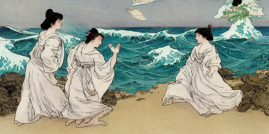 Image similar to two young edwardian women wearing white dresses hold hands on a beach in Sweden, by Anders Zorn, waves in the style of the great wave off kanagawa by Hokusai