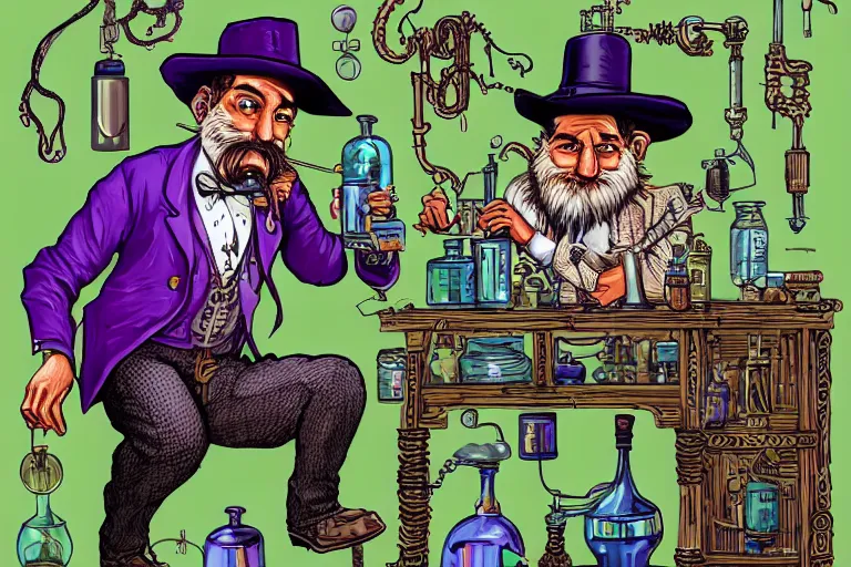 Prompt: Uncle Aloysius, snake oil salesman, wild west crypto pharmaceutical industrialist apothecary alchemist tinkerer engineer, cute, fantasy, intricate, elegant, highly detailed, digital painting, 4k, HDR, concept art, smooth, sharp focus, illustration, purple green color scheme, art by Ed Roth and H R Giger and Greg Rutowski and Lisa Frank