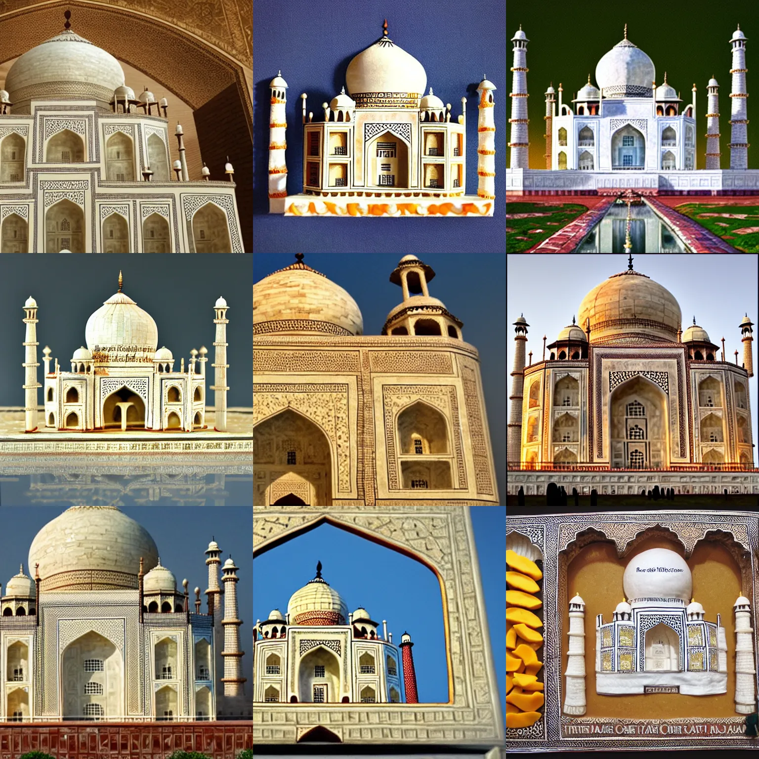 Prompt: the taj mahal made out of various cheeses