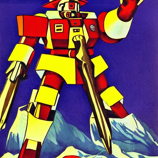 Image similar to detailed soviet propaganda poster of a gundam holding a pickaxe