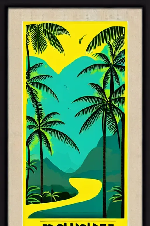 Image similar to art deco travel poster. rainforest, framed poster, hires