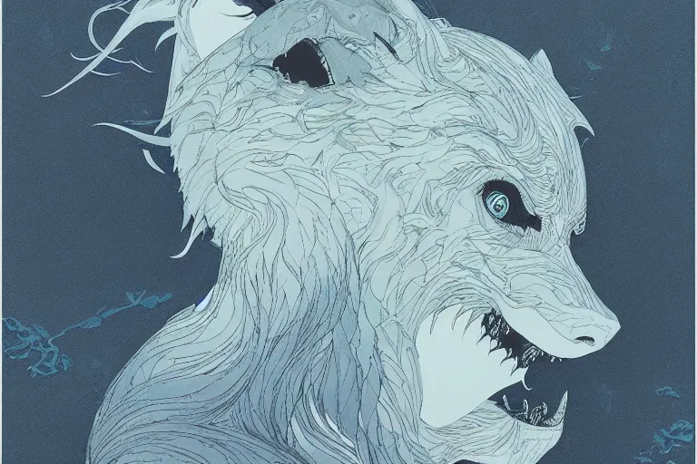 Prompt: werewolf portrait, balenciag intricate complexity. matte paper, cut paper texture. by Jeffrey Catherine Jones, James jean, Miho Hirano, Hayao Miyazaki, coarse gritby. Full of light-blue and silver and white layers. Exquisite detail 8K