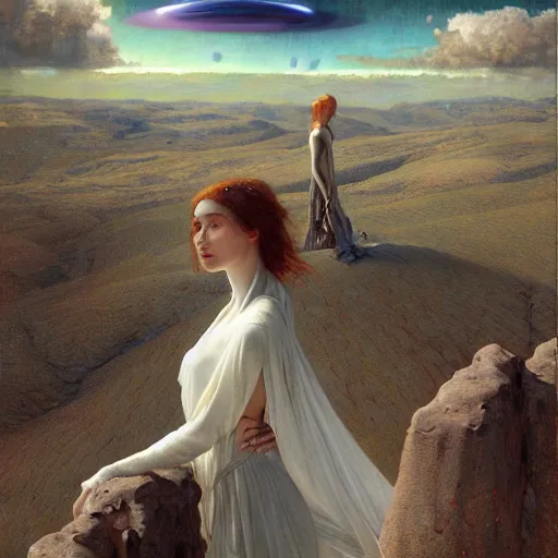 Prompt: epic wide angle view beautiful woman in a muslin dress watching from the Earth as a rogue planet looms on the horizon, by Edgar Maxence and Ross Tran and Michael Whelan