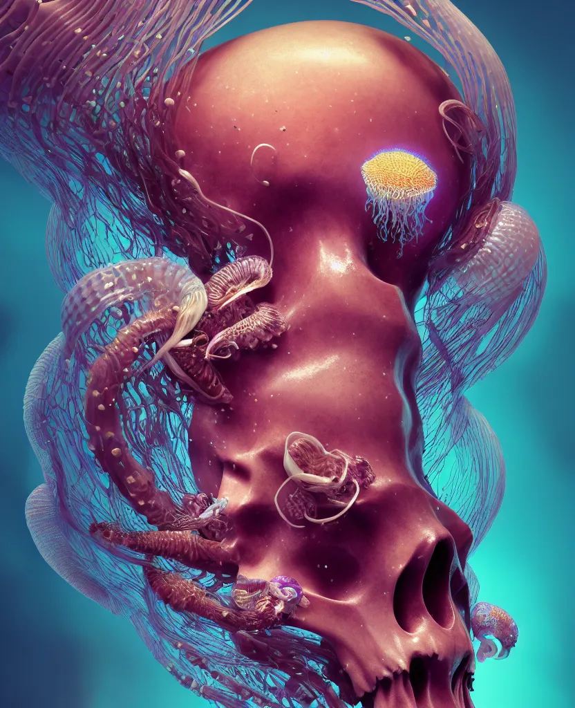 Image similar to goddess close-up portrait animal skull. jellyfish phoenix head, nautilus, orchid, skull, betta fish, bioluminiscent creatures, intricate artwork by Tooth Wu and wlop and beeple. octane render, trending on artstation, greg rutkowski very coherent symmetrical artwork. cinematic, hyper realism, high detail, octane render, 8k