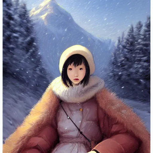 Image similar to the portrait a beautiful grocery young asia woman in down jacket, with a goose ， the background is dust earth road ， river winter an snow, illustration by kim jung gi, irakli nadar, bright colors, octopath traveler, wenjun lin, unreal engine 5 highly rendered, global illumination, radiant light, detailed and intricate environment