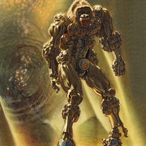 Image similar to highley detailed potrait of an anatomically correct gorilla mecha, painting by gaston bussiere, craig mullins, j. c. leyendecker, lights, art by ernst haeckel, john william godward, hammershøi,