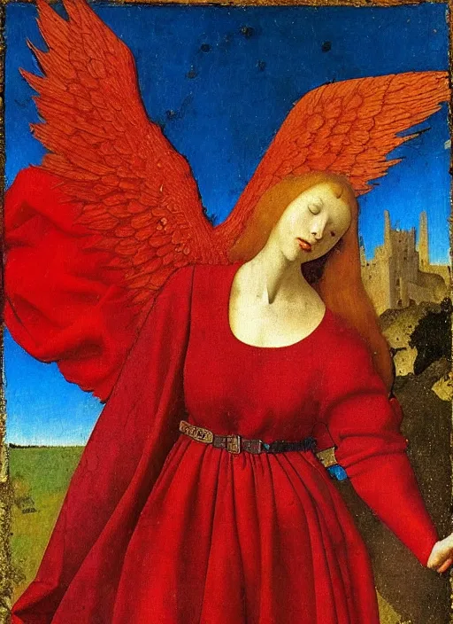 Image similar to Flying Fallen Angel with wings dressed in red, Medieval painting by Jan van Eyck, Johannes Vermeer, Florence