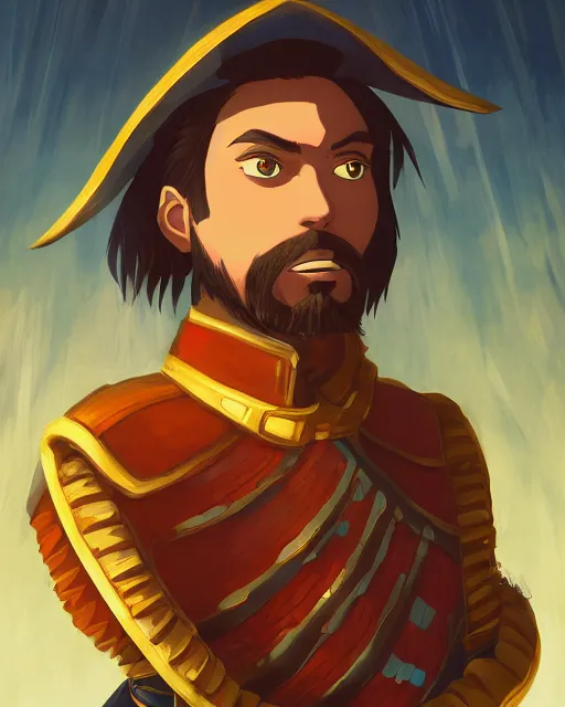 Prompt: digital painting of a conquistador by rossdraws and anato finnstark and studio ghibli, treasure island movie color scheme, symmetric, facial features, portrait, trending on artstation, masterpiece