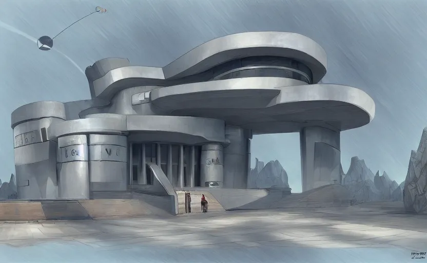 Image similar to Futuristic police station. By Frank Lloyd Wright, concept art, digital painting, highly detailded