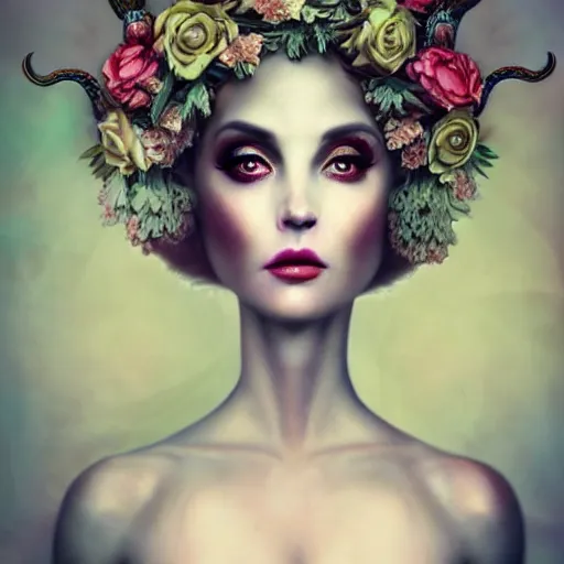 Prompt: of a woman,surreal Portrait inspired by Natalie Shau,Anna Dittman,flower crown,coral ,horns,cinematic