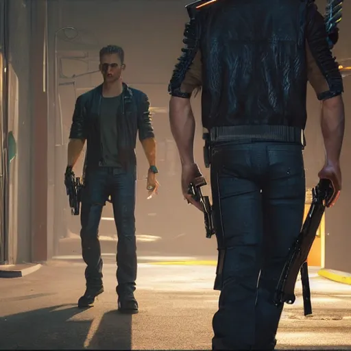 Image similar to a detailed full body painting of an extremely handsome jensen ackles as the terminator walking down a dark alley in cyberpunk 2 0 7 7, holding two sawed off shotguns, volumetric lighting, octane render, 8 k, art by greg rutkowski and albert bierstadt and alphones mucha