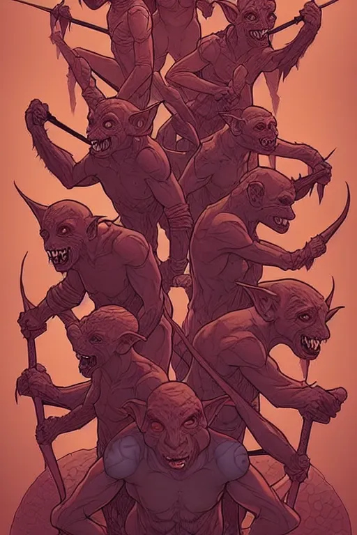 Image similar to comic cover art of a goblin horde, facing the viewer, dnd, high fantasy digital illustration, by jenny frison and sana takeda, intricate details, stunning inking lines, flat colors, 4 k, hd, artstation