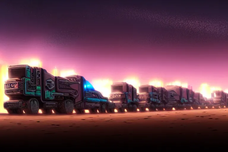 Image similar to a convoy of cyberpunk wagons moving through a star lit desert, dystopian, dusty