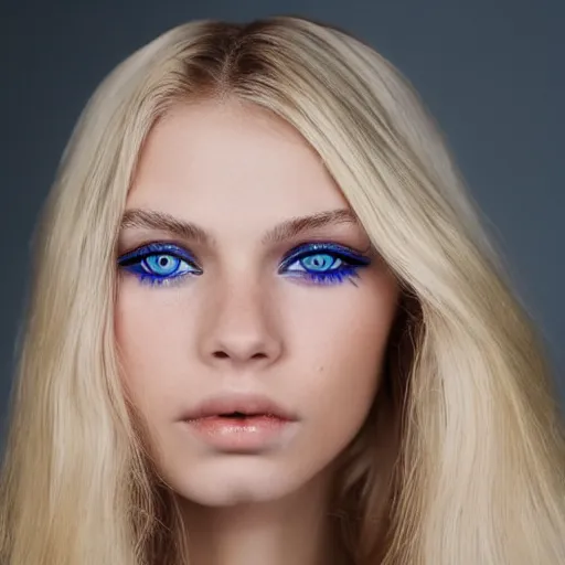 Image similar to Close up 35mm nikon photo of the left side of the head of a dressed young blond model with gorgeous blue irises and wavy long blond hair, who looks directly at the camera. ,.