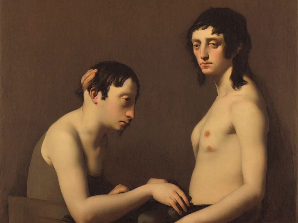 Prompt: Portrait of a young, troubled, melancholic philosopher. Painting by Ingres