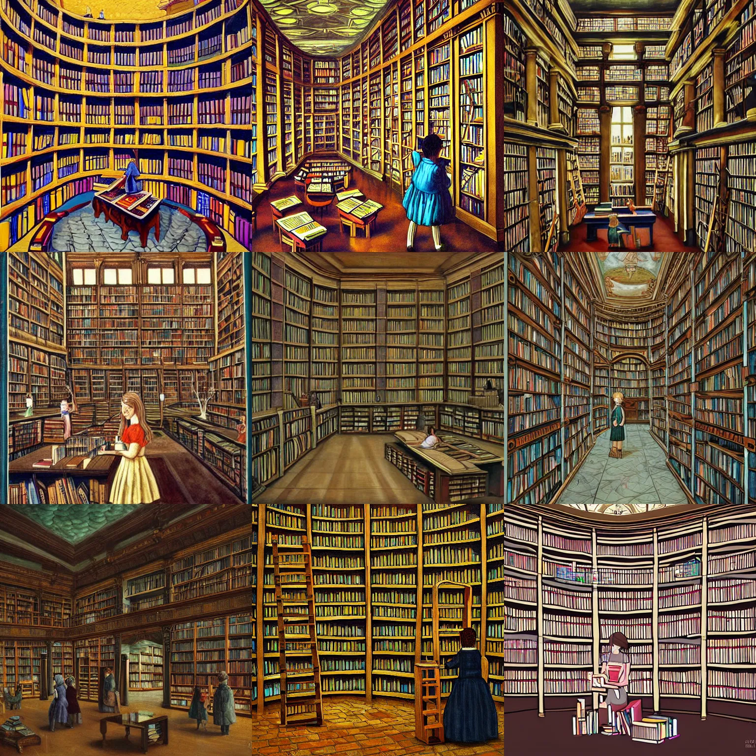 Prompt: intricate painting of an enormous library with a girl browsing the bookshelves, fantasy