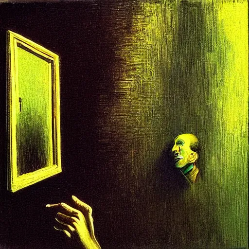 Image similar to A reinforcement learning agent recognizes itself in the mirror- contest-winning artwork by Salvador Dali, Beksiński, Van Gogh and Monet. Stunning lighting