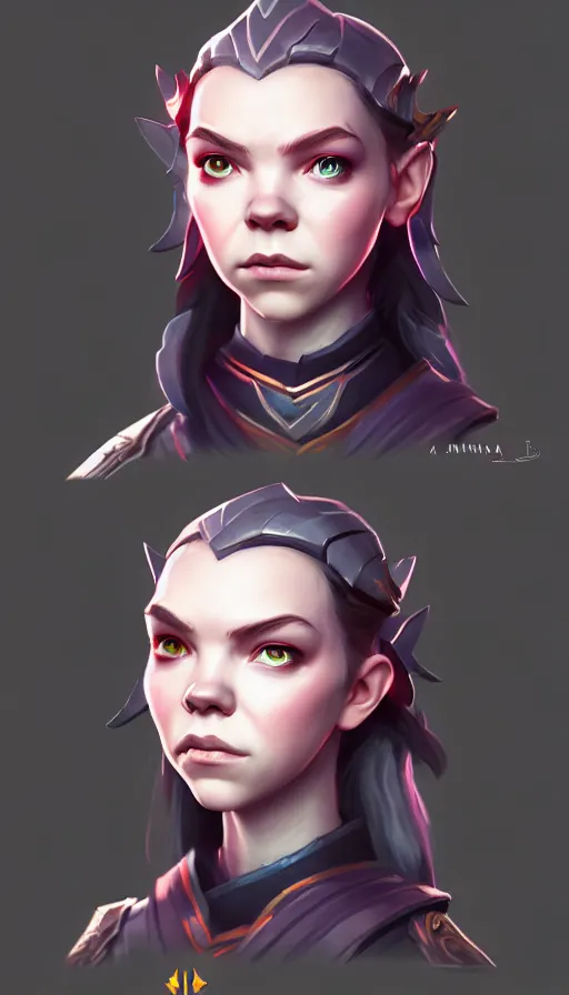 Image similar to portrait of anya taylor - joy as dota 2 game character, symmetrical, dota 2 concept art, character design by moby francke and drew wolf, artstation trending, sense of awe