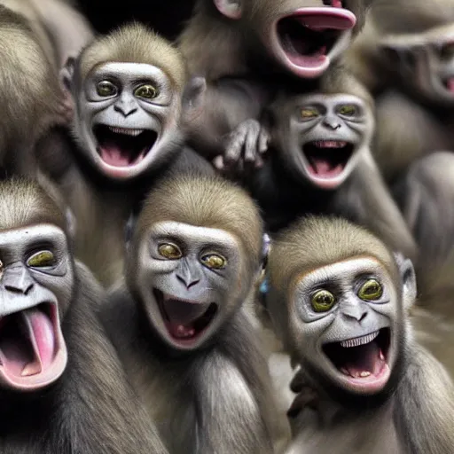 Prompt: an army of laughing monkeys, photorealistic