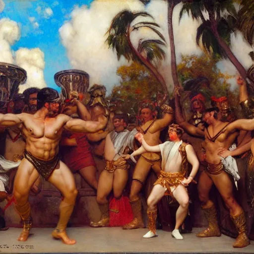 Image similar to hercules performs the ymca dance at a toga party matte painting gaston bussiere, craig mullins, j. c. leyendecker