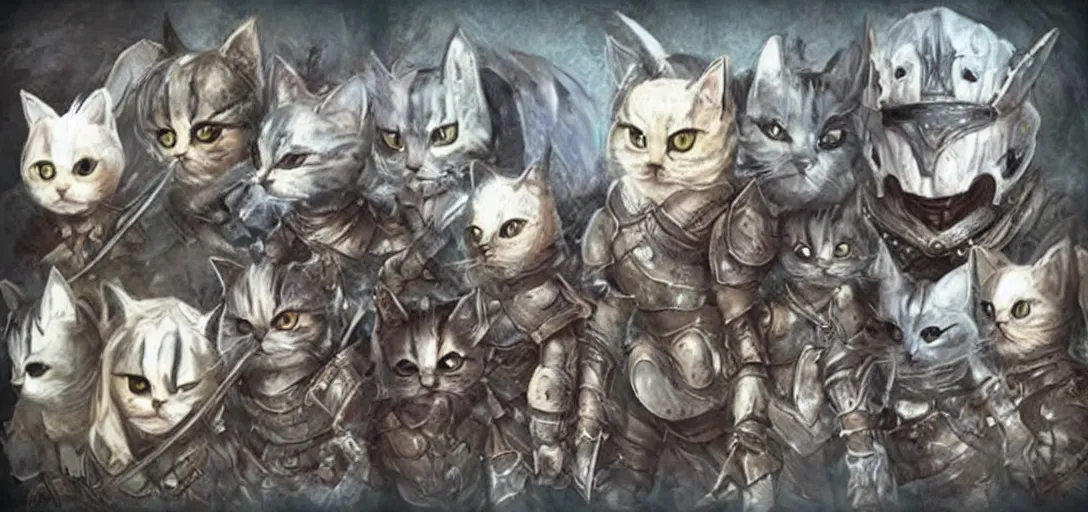 Image similar to cute cats wearing dark souls style armor