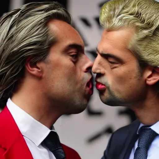 Prompt: geert wilders kissing thierry baudet with tongue, romantic, hearts in background